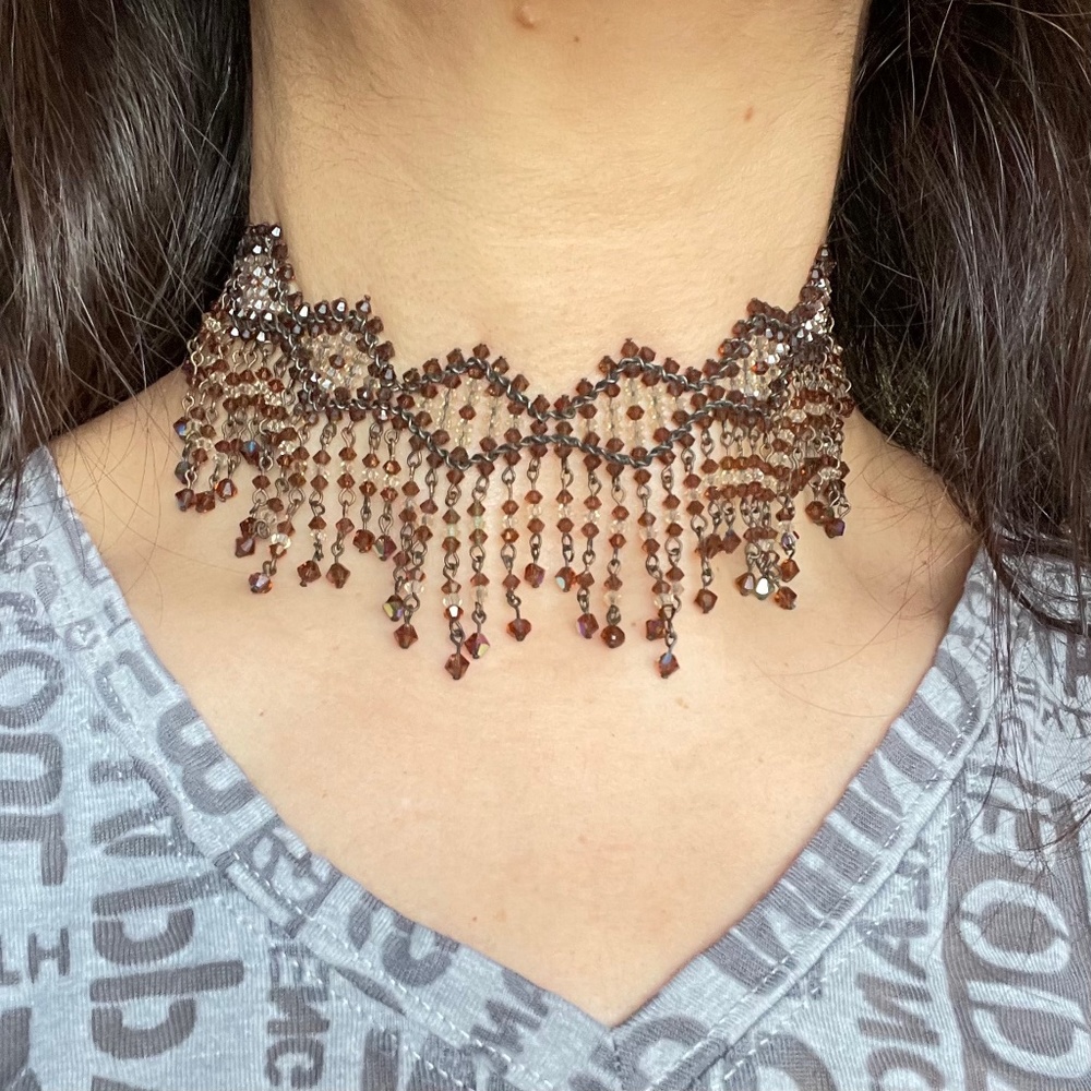 One of A Kind Handmade Swarovski Crystal Beaded Fringe Choker Necklace